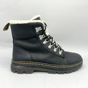 Dr Doc Martens Womens 10 Combs W Combat Boots Black Leather Faux Fur Lined Shoes